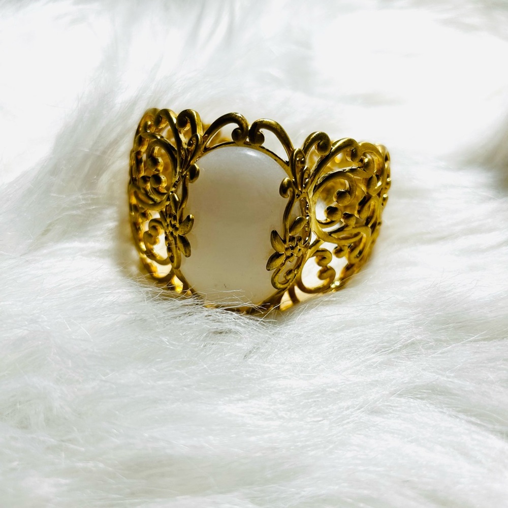 SHEILA FAJL Rare 18K Plated Brass Filigree and White Jade Cuff Bracelet - Picture 3 of 8